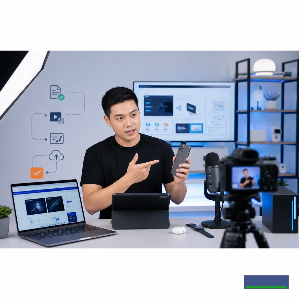 Áo thun đen nam basic trong setup quay review công nghệ: tối giản nhưng lên hình chuyên nghiệp