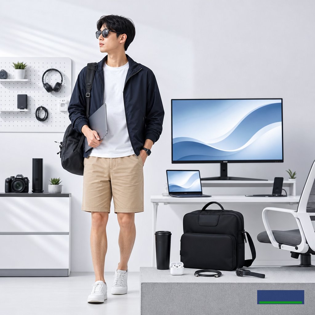 Quần short kaki nam basic trong set đồ techwear mùa hè cho người hay mang laptop, gadget