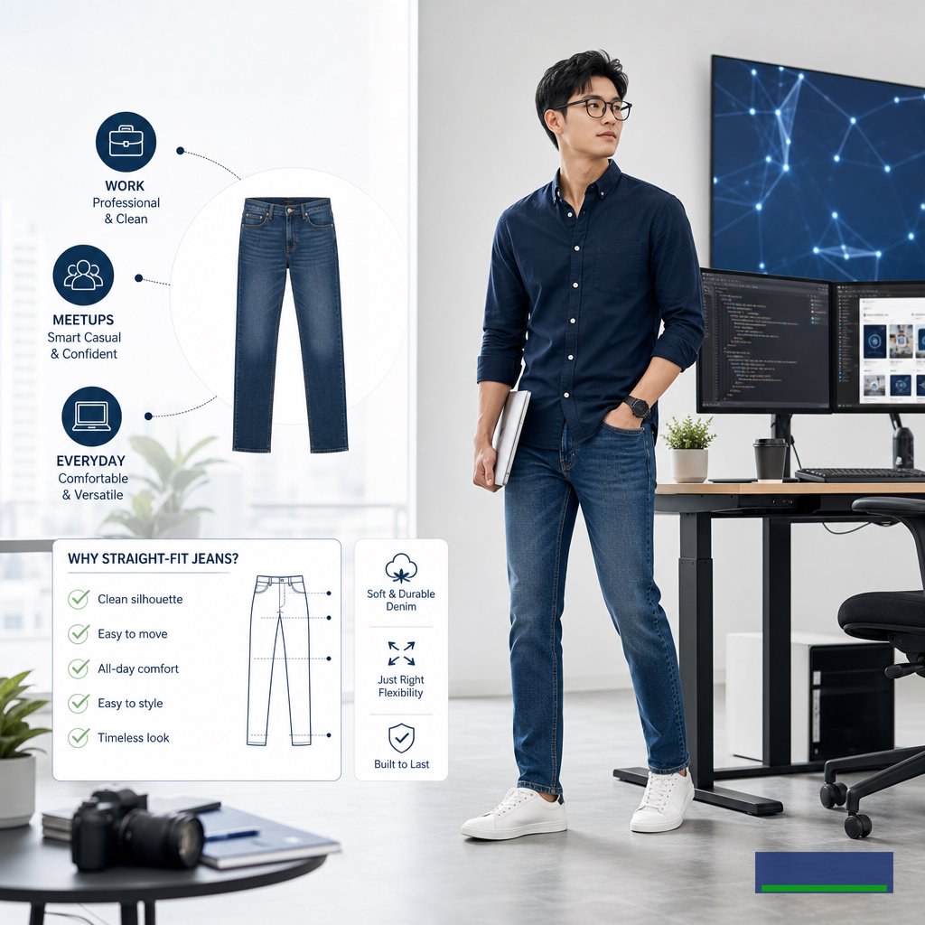 Tủ đồ tối giản cho dân công nghệ: chọn quần jean nam dáng đứng để đi làm và đi meetup