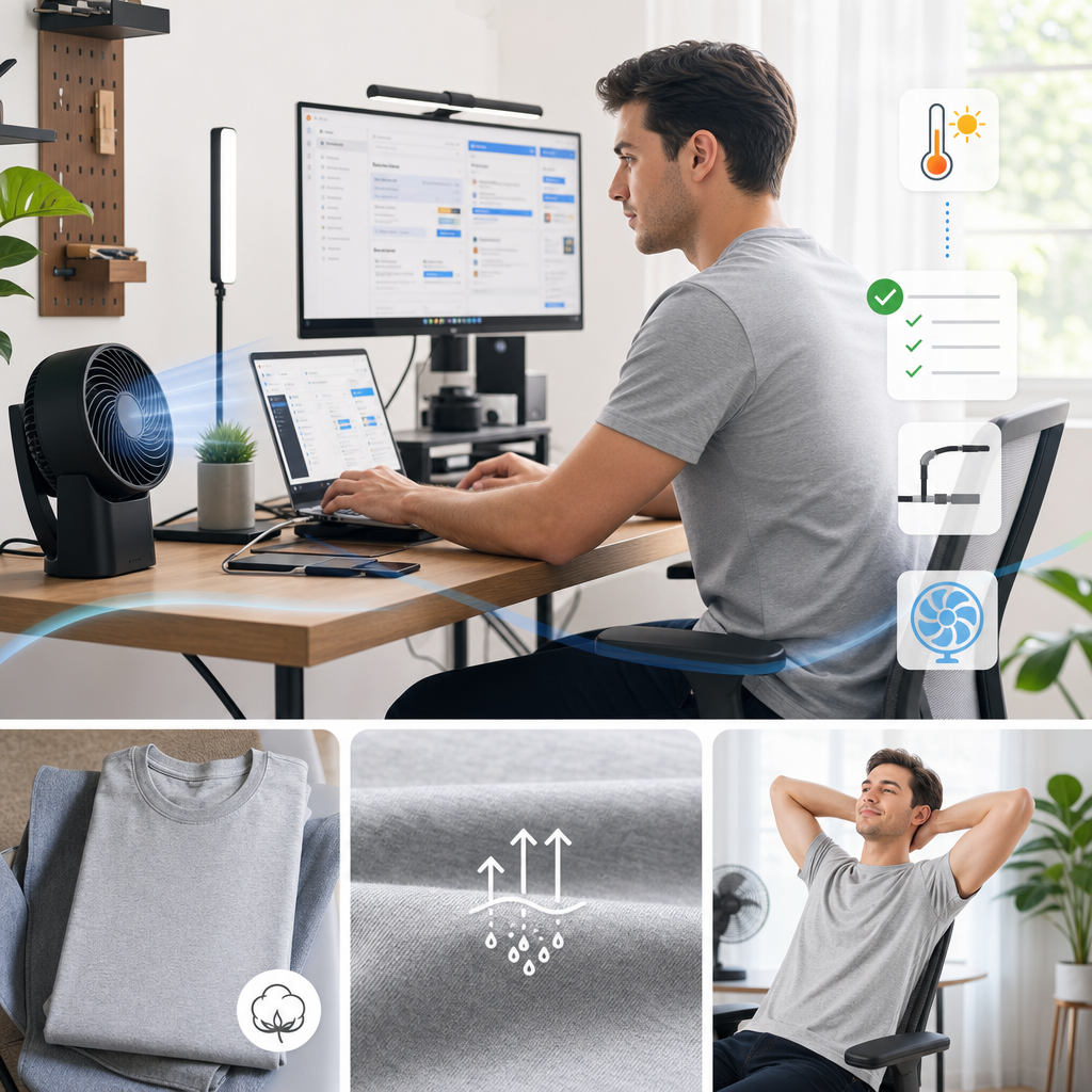 Tối ưu góc làm việc tại nhà mùa nóng: từ thiết bị, ánh sáng đến áo thun basic nam cotton 100